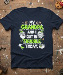 My Grandpa and I Got in Trouble Today text with illustrations of grandpa, child, and cookies on a navy t-shirt