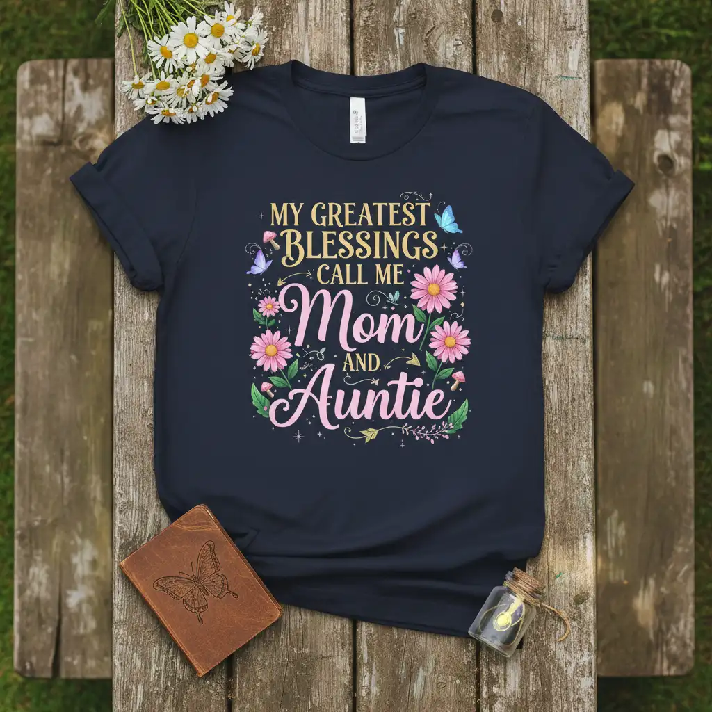 My Greatest Blessings Call Me Mom And Auntie text with floral and butterfly graphics on a navy t-shirt