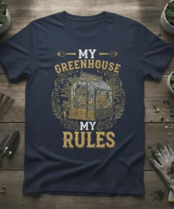 My Greenhouse My Rules t-shirt featuring a detailed greenhouse graphic surrounded by foliage and the text "MY GREENHOUSE MY RULES"