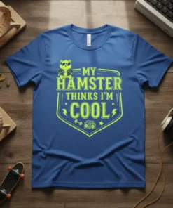 My Hamster Thinks I'm Cool text with cartoon hamster graphic on a blue t-shirt