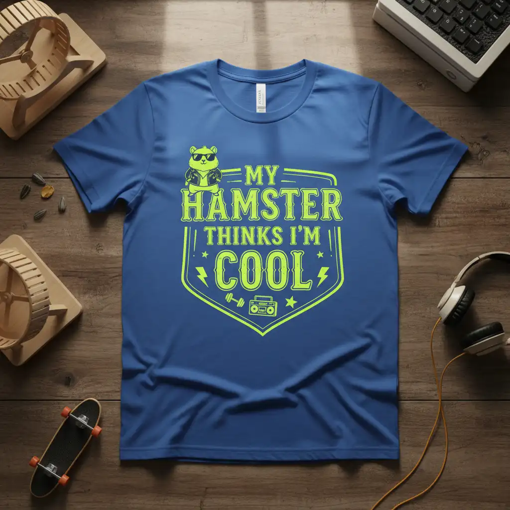 My Hamster Thinks I'm Cool quote with a cool cartoon hamster graphic, dumbbell, and boombox on a t-shirt