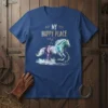 My Happy Place text with a watercolor horse graphic on a navy blue t-shirt