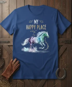 My Happy Place text with a watercolor horse graphic on a navy blue t-shirt