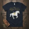 Navy t-shirt with "My Happy Place" text and a white horse graphic with gold accents, for horse lovers