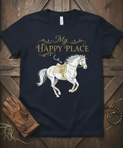 Navy t-shirt with "My Happy Place" text and a white horse graphic with gold accents, for horse lovers