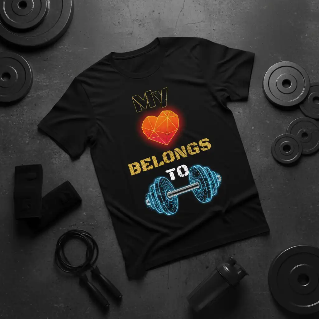 My Heart Belongs To Dumbbell eye-catching design printed on breathable fabric creating a standout t-shirt