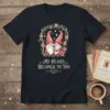 My Heart BELONGS TO YOU text with cute gnomes holding a rose, framed by flowers and hearts, on a black
