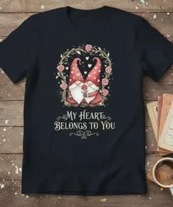 My Heart BELONGS TO YOU text with cute gnomes holding a rose, framed by flowers and hearts, on a black