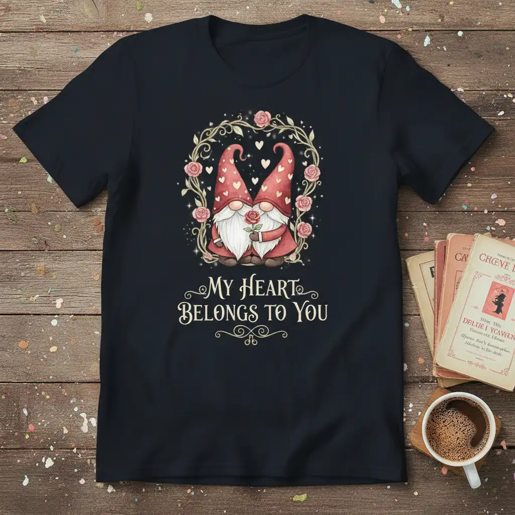 My Heart BELONGS TO YOU romantic quote with cute gnomes and rose graphic design