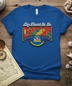 Blue t-shirt with "My Heart Is In LÉOGANE" text and Haitian flag emblem
