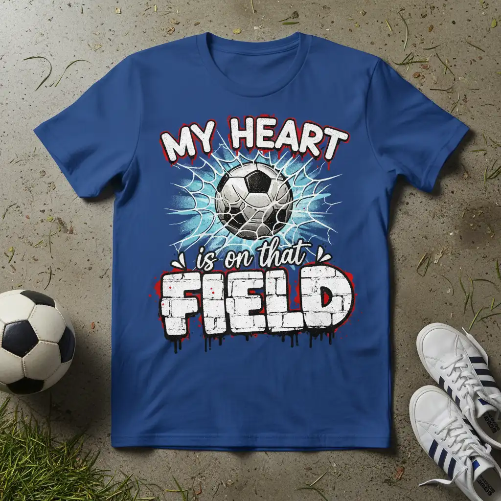My Heart Is On That Field text with soccer ball graphic on a blue t-shirt