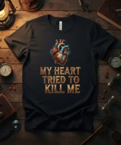 T-shirt with "My Heart Tried To Kill Me" text and a steampunk anatomical heart graphic