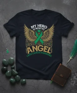 Liver Cancer Awareness T-Shirt with text "My Hero Is Now My Angel" and green awareness ribbon with wings