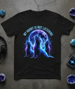 Wolf pack howling at the moon design with the text "My Hobby Is Not Listening" on a black t-shirt
