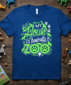 My House Is Basically A Zoo quote with animal graphics and paw prints on a blue t-shirt