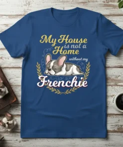 Frenchie dog sleeping on "My House is not a Home without my Frenchie" t-shirt design, featuring gold laurel wreath