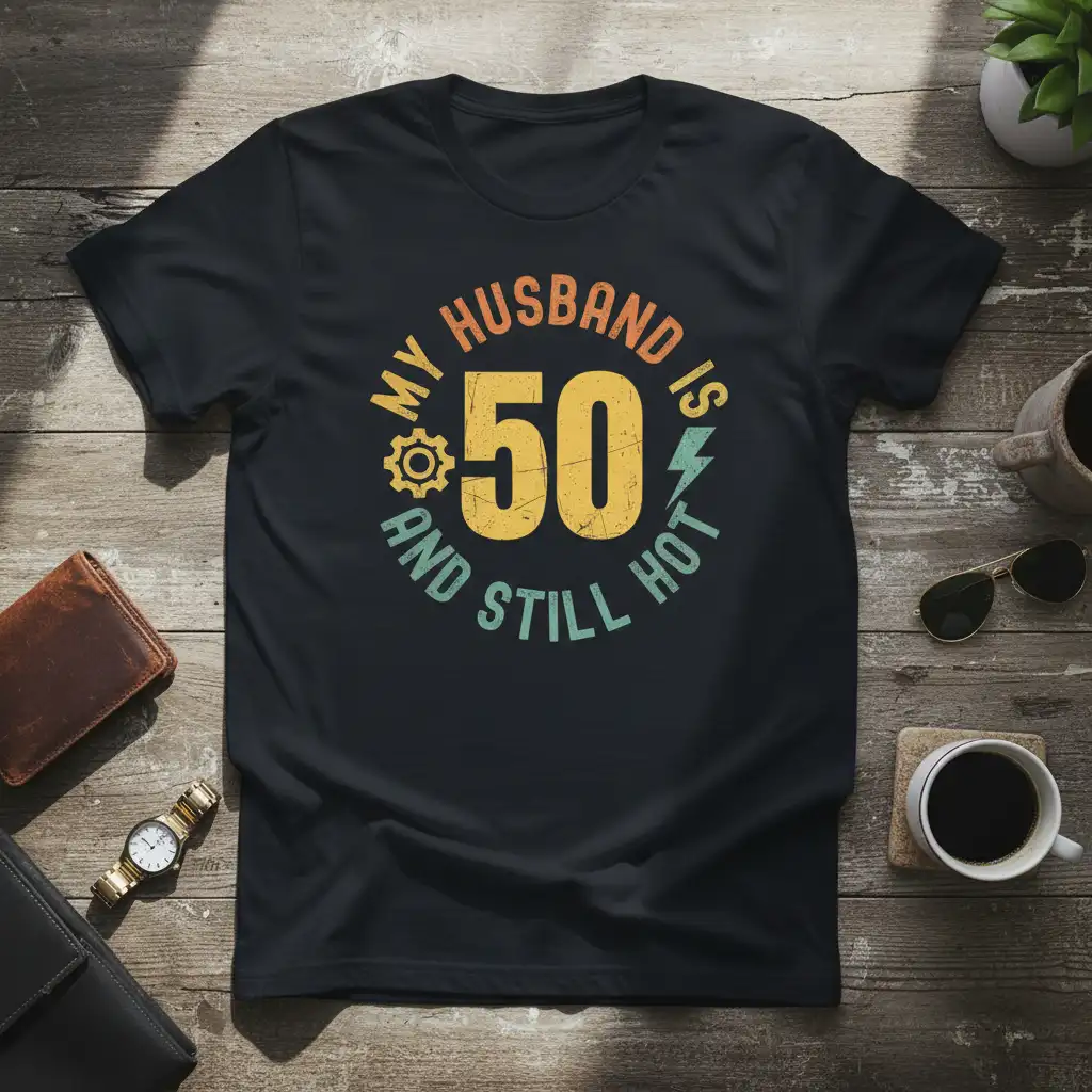 My Husband Is 50 And Still Hot vintage typography design with gear and lightning bolt graphics