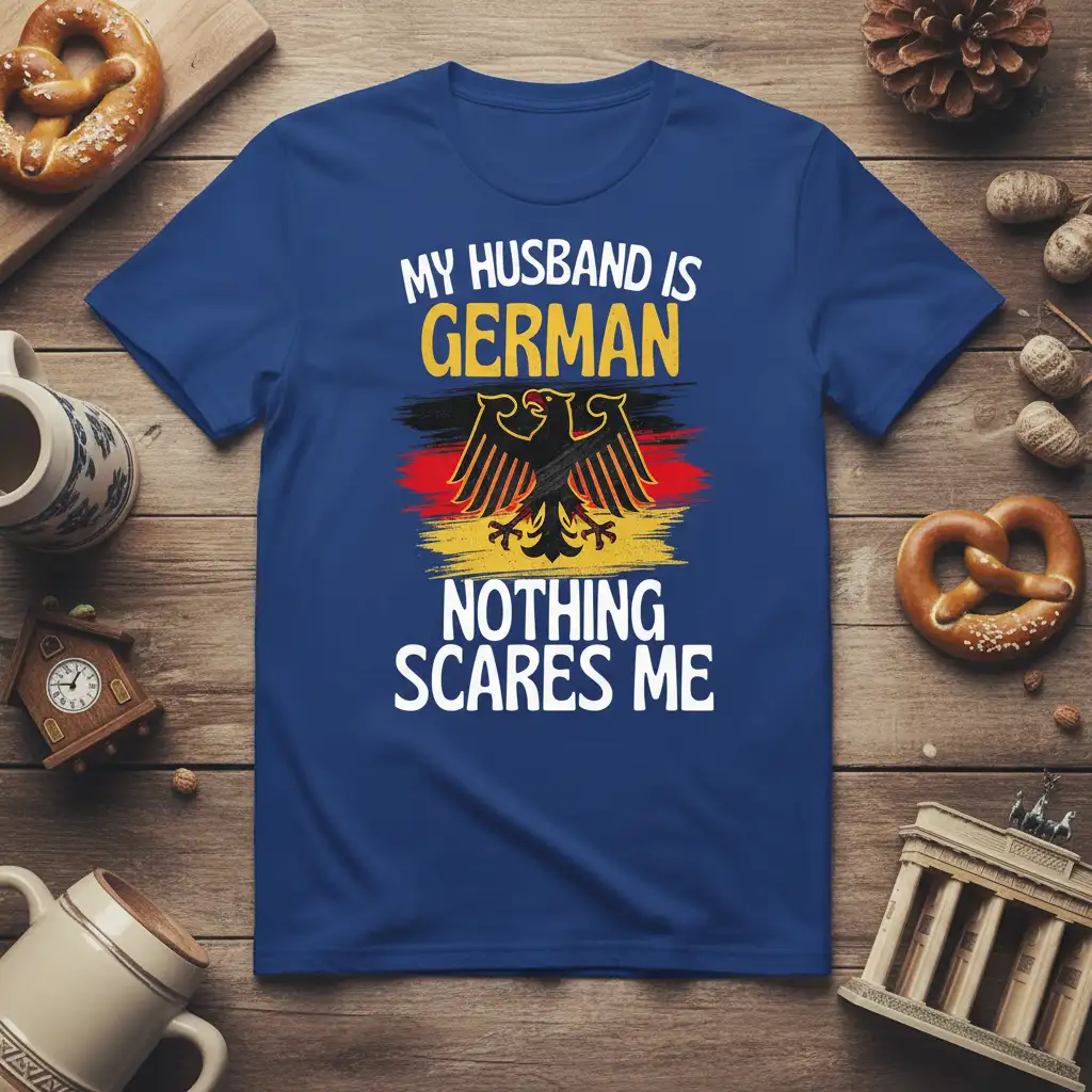 My Husband Is German Nothing Scares Me quote on a t-shirt with German eagle and flag