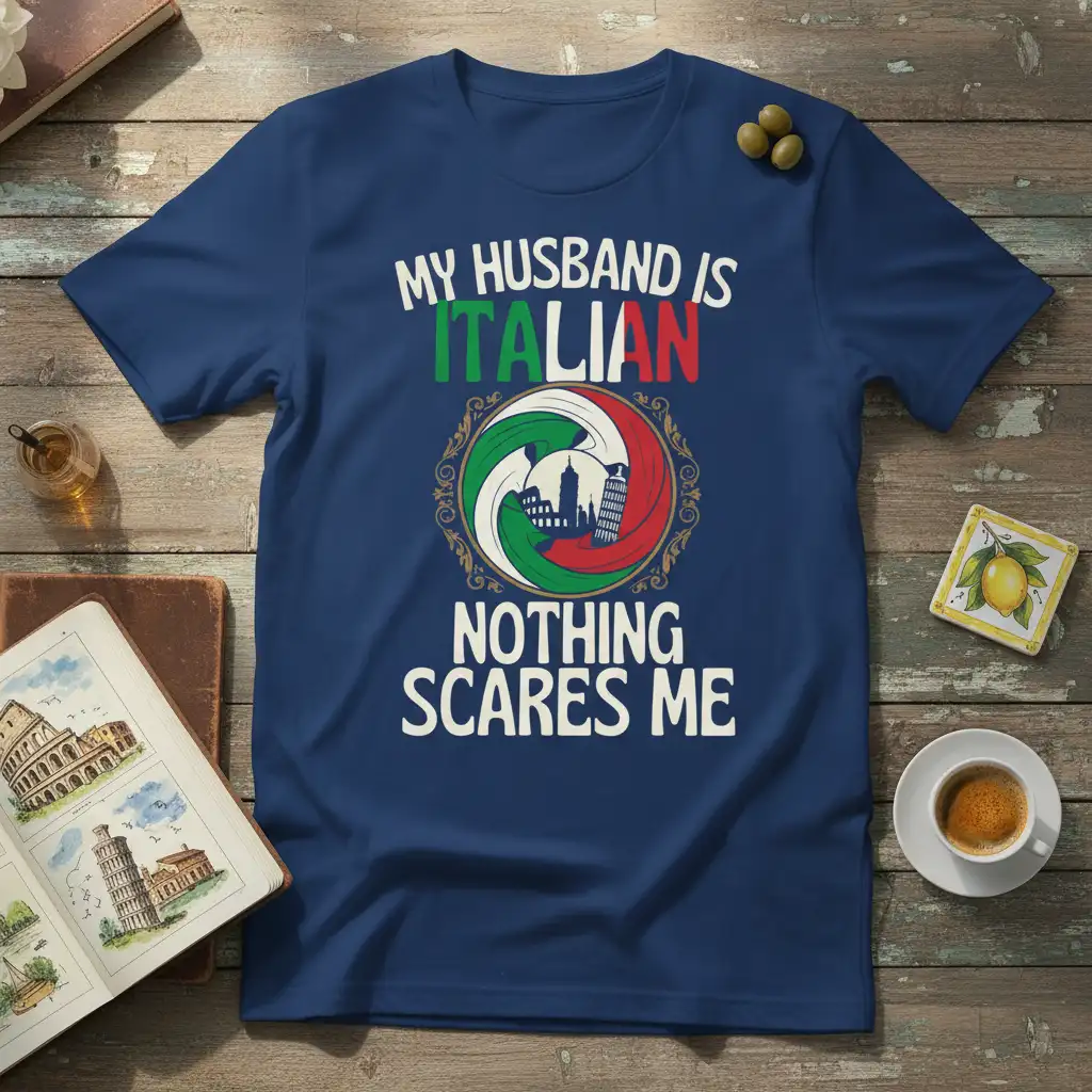 My Husband Is Italian Nothing Scares Me quote with Italian flag and landmarks graphic on a navy t-shirt