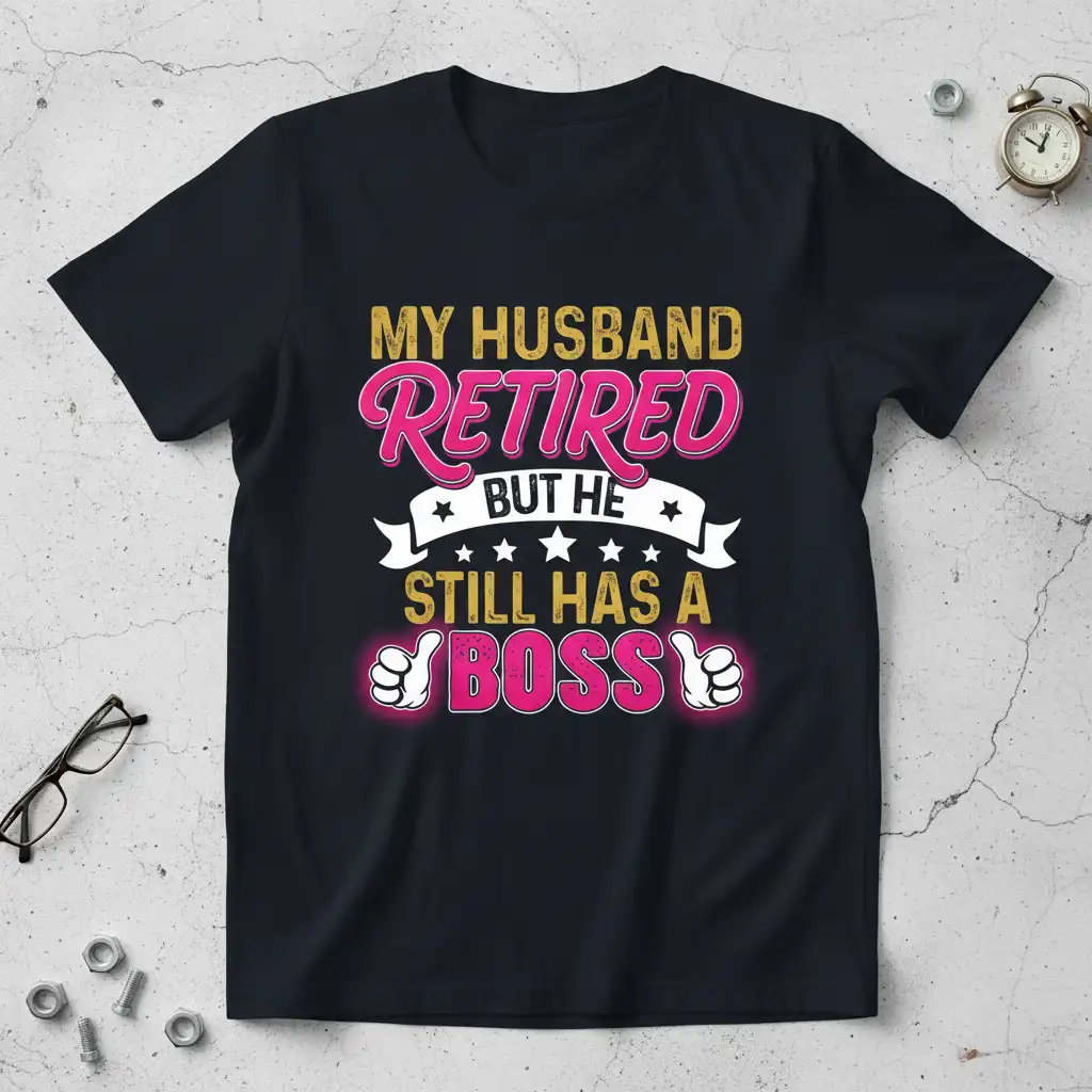 My Husband Retired But He Still Has A Boss quote in bold pink and gold typography on a black t-shirt