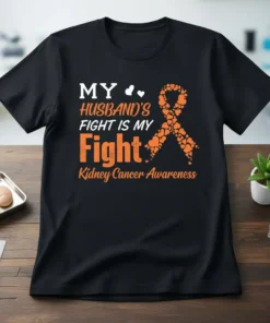 Black t-shirt with orange and white text: My Husband's Fight Is My Fight Kidney Cancer Awareness, featuring a ribbon made