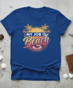 My Job Is Beach t-shirt design featuring palm trees, sunset, and beach chairs in a circular graphic