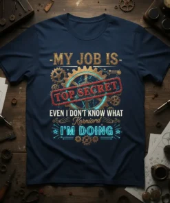 Navy t-shirt with "My Job Is Top Secret Even I Don't Know What I'm Doing" quote, featuring gears and a