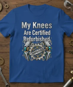 My Knees Are Certified Refurbished quote with mechanical knee graphic and "APPROVED" stamp on a blue t-shirt