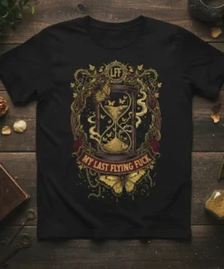 Black t-shirt with "My Last Flying Fuck" text, hourglass, and butterflies design in gold and red