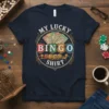 My Lucky Bingo Shirt design featuring vintage bingo cards and balls, with the words "MY LUCKY BINGO SHIRT" in a