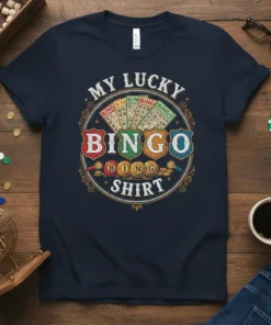 My Lucky Bingo Shirt design featuring vintage bingo cards and balls, with the words "MY LUCKY BINGO SHIRT" in a