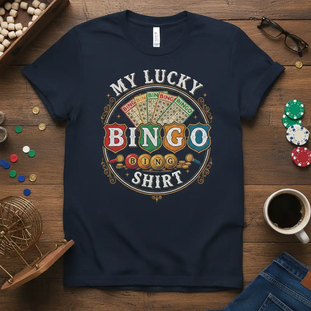 My Lucky Bingo Shirt design with vintage bingo cards, balls, and lucky charm elements