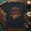 My Mama Says Foosball Is The Devil quote on a dark t-shirt with a football graphic