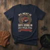 Navy blue t-shirt with "My Meat Is 100% Going In Your Mouth Today" text and steak graphic