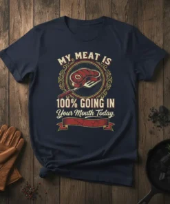 Navy blue t-shirt with "My Meat Is 100% Going In Your Mouth Today" text and steak graphic