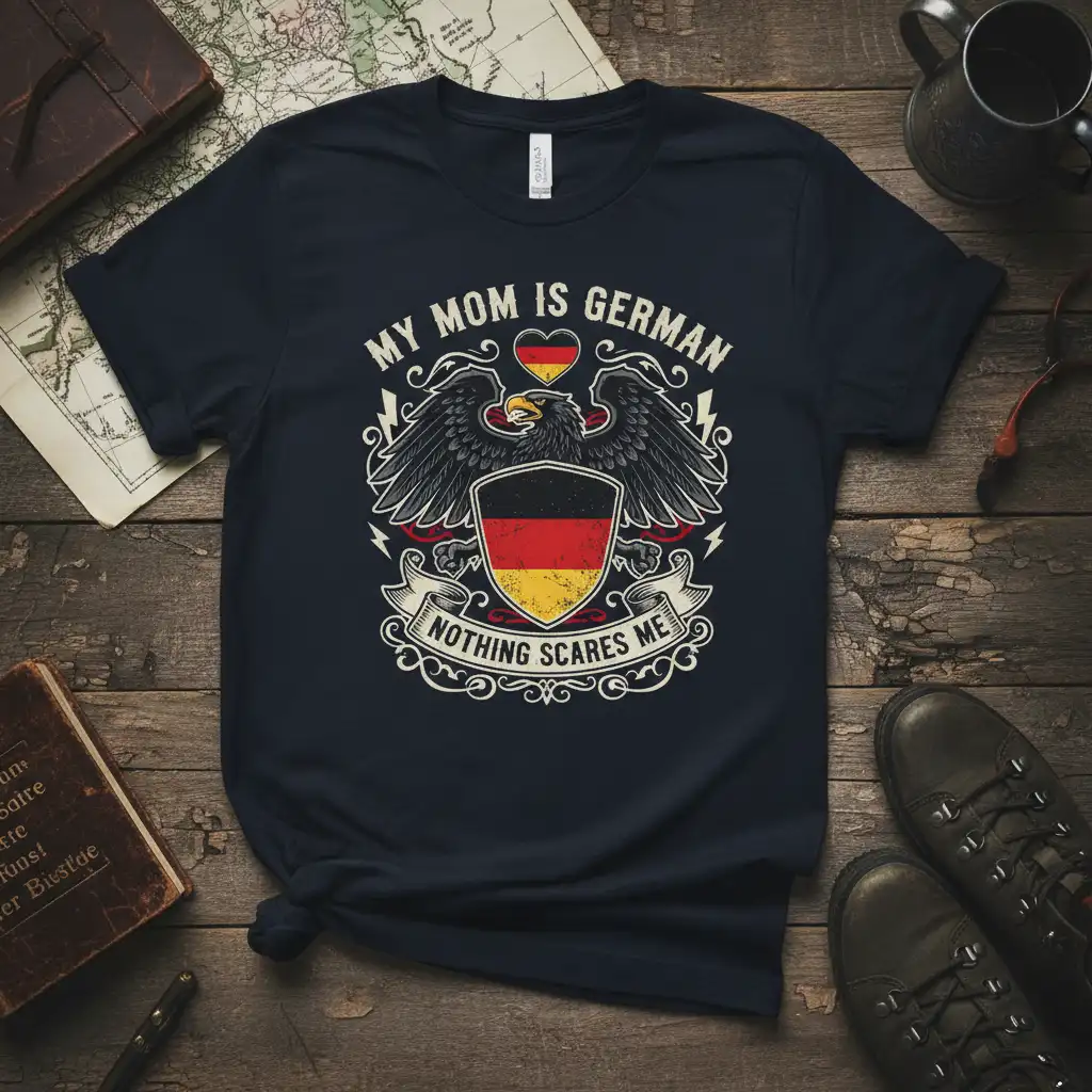 My Mom Is German Nothing Scares Me quote on a dark t-shirt with a German eagle and flag graphic