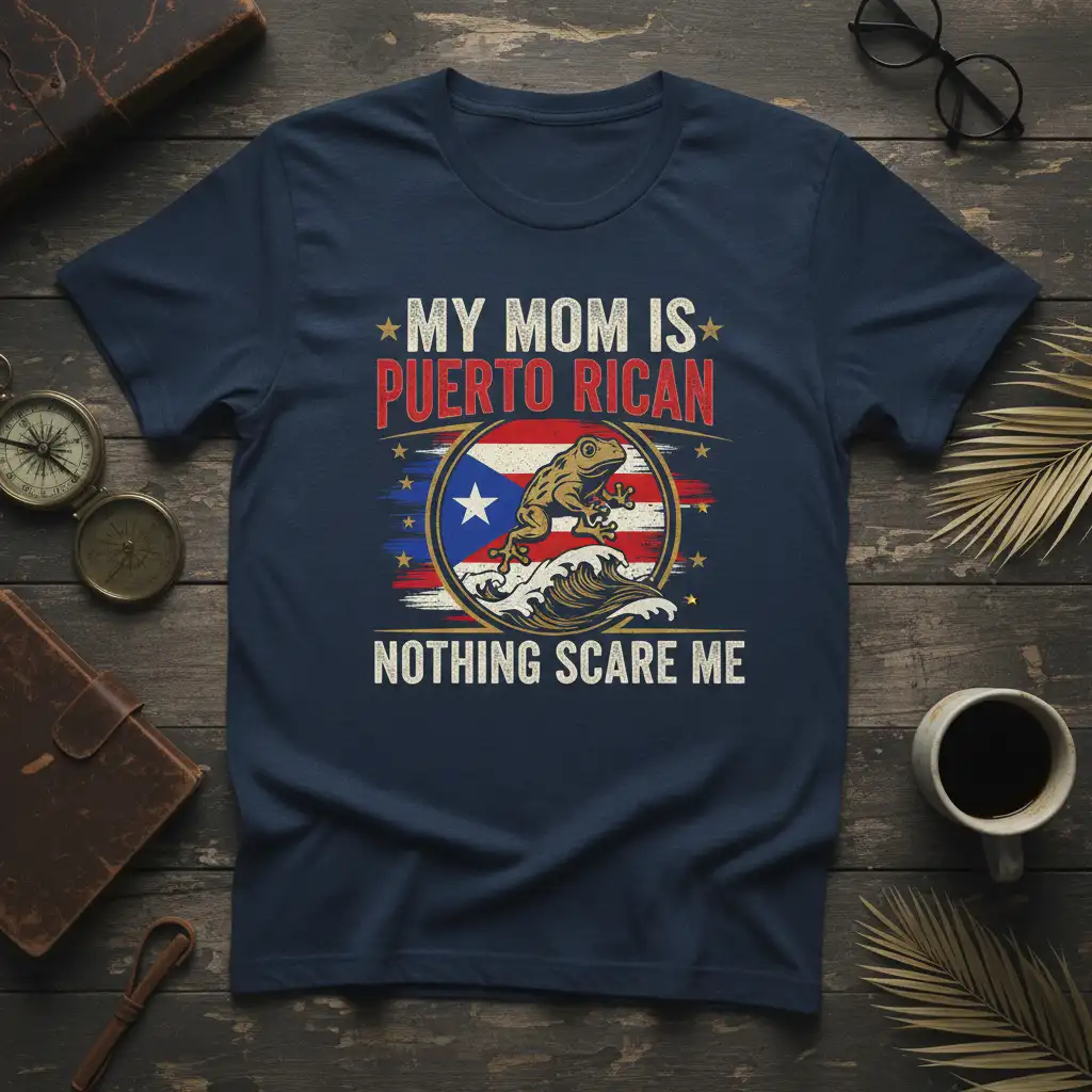 My Mom Is Puerto Rican Nothing Scare Me text and coqui frog design on a dark heather t-shirt