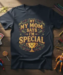 My Mom Says I'm Special text with a happy trophy graphic on a dark blue t-shirt for kids