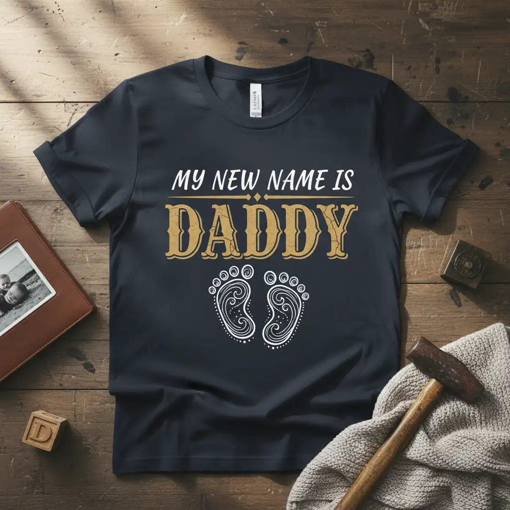 My New Name Is Daddy quote and baby feet graphic on a navy blue t-shirt for new fathers