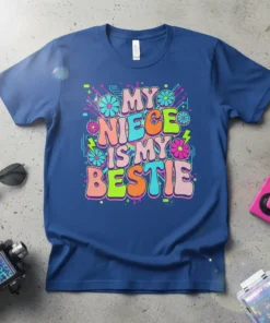My Niece Is My Bestie groovy retro t-shirt design with colorful flowers and lightning bolts