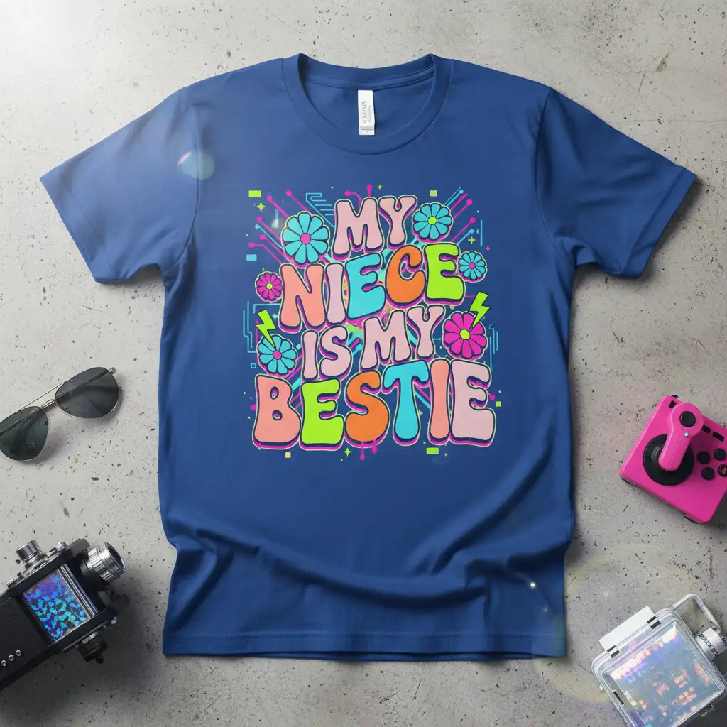 My Niece Is My Bestie retro typography with colorful flowers and lightning graphics