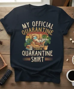 My Official Quarantine Quarantine Shirt design with a sloth wearing a mask relaxing in a chair. Includes plants and books