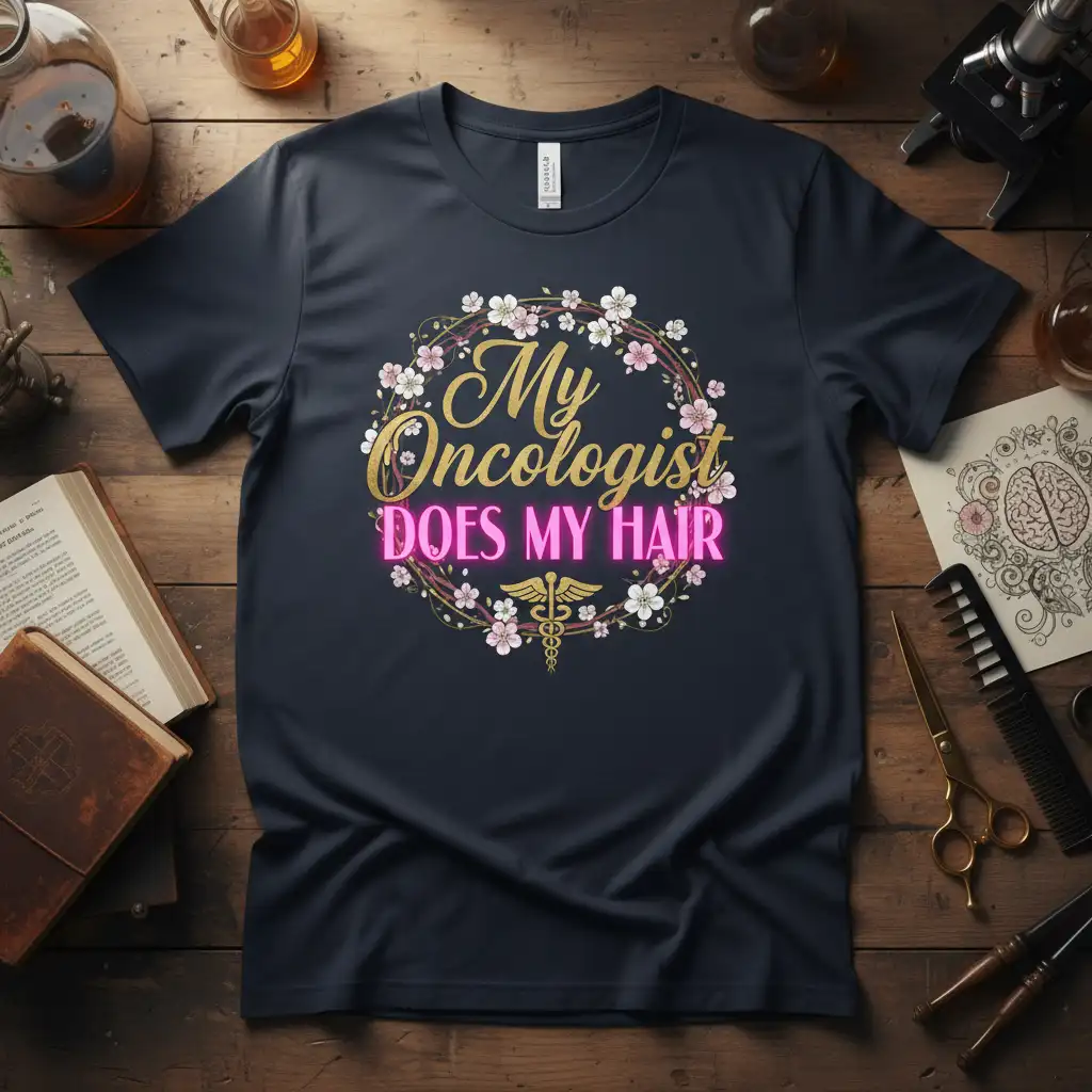 My Oncologist DOES MY HAIR quote with floral wreath and caduceus graphic on a navy t-shirt