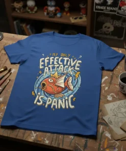 Blue t-shirt with the text "My Only Effective Attack Is Panic" and a graphic of Magikarp, featuring a distressed, retro