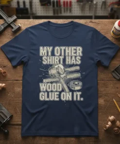 My Other Shirt Has Wood Glue On It T-Shirt design featuring woodworking tools and text