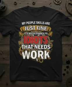 Black t-shirt with bold text "MY PEOPLE SKILLS ARE JUST FINE IT'S MY TOLERANCE TO IDIOTS THAT NEEDS WORK" in