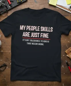 T-shirt with the full quote "MY PEOPLE SKILLS ARE JUST FINE IT'S MY TOLERANCE TO IDIOTS THAT NEEDS WORK." in