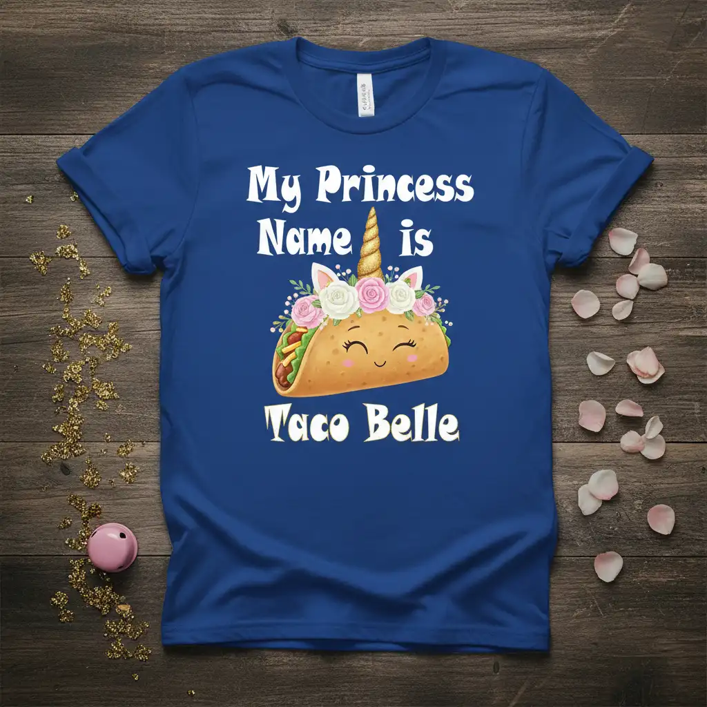 My Princess Name is Taco Belle quote with a cute unicorn taco graphic, floral accents, and a golden horn