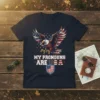 My Pronouns Are USA patriotic t-shirt with eagle and US flag design, bold text, and stars
