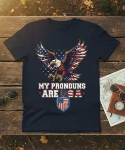 My Pronouns Are USA patriotic t-shirt with eagle and US flag design, bold text, and stars